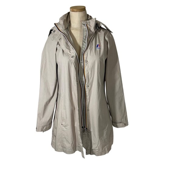 30% off! K way jacket women's S tan cream beige long hooded zip front lightweigh - Picture 2 of 11